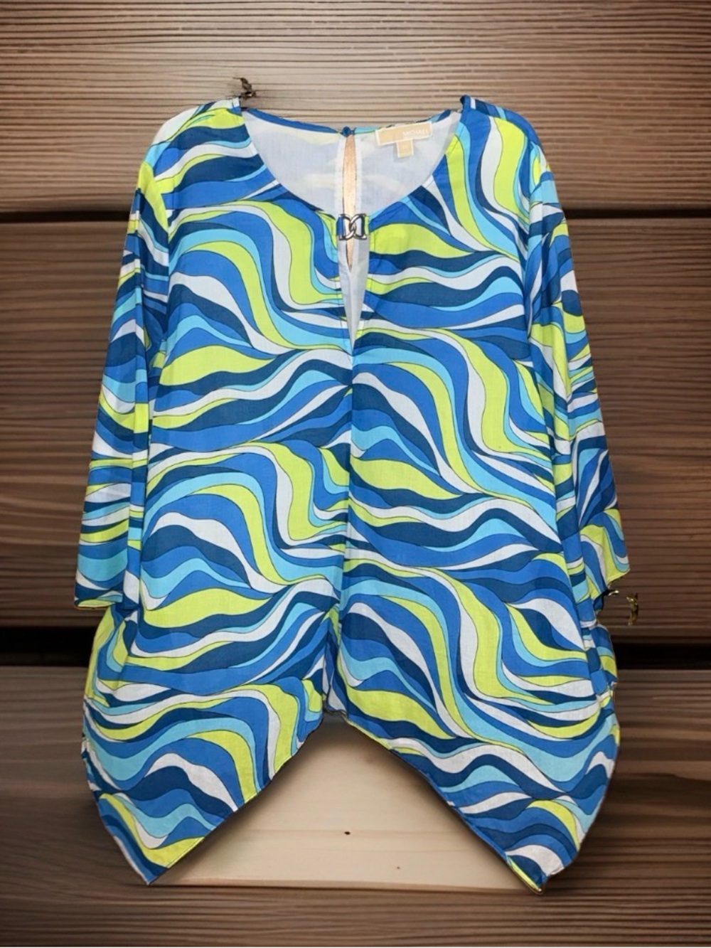 MICHAEL Michael Kors Blue, Lime & White Wave-Print Cotton Tunic-3X-EC